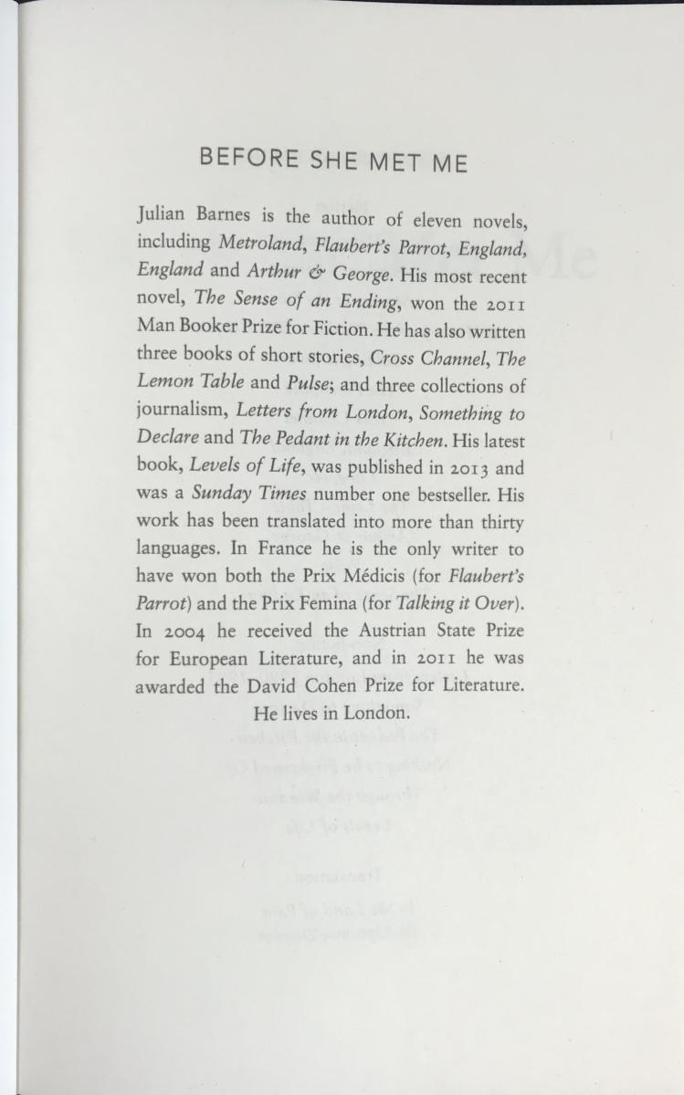 Before She Met Me (Vintage Books, 2014) Julian Barnes Bibliography Before She Met Me (Vintage Books, 2014) Julian Barnes Bibliography